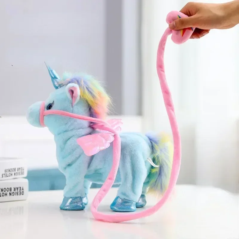 Correa de unicornio, figura de acción de Ángel y caballo, juguete de peluche eléctrico para caminar y cantar