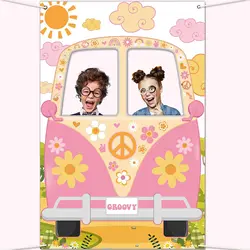 Hippie Bus Photo Booth Props Groovy Birthday Photo Frame Backdrop For 60S 70S Party Favors