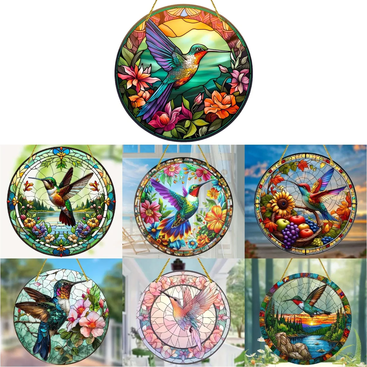 Acrylic Painted Hummingbird Pendant Bird Floral Pattern Suncatcher Round Wreath Porch Window Outdoor Patio Hanging Ornaments