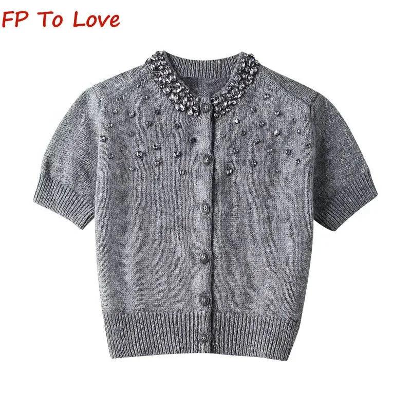 2024 Spring Autumn Round Neck Single Breasted Jewelled Knit Jacket PB&ZA Woman Grey Short Sweater 3859001