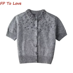 2024 Spring Autumn Round Neck Single Breasted Jewelled Knit Jacket PB&ZA Woman Grey Short Sweater 3859001