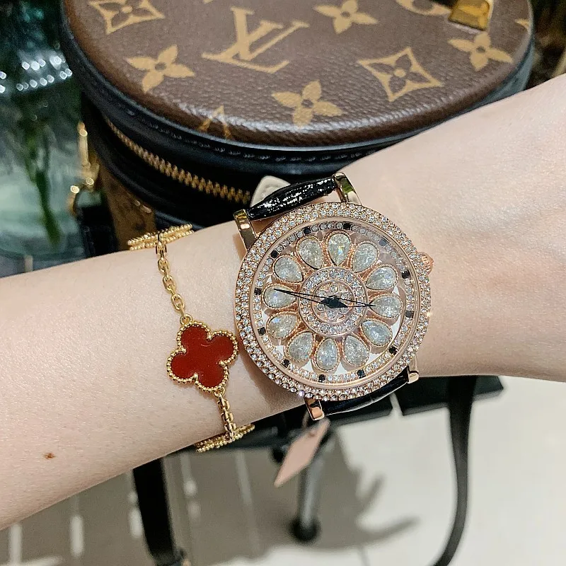 Luxury Rhinestone Genuine Leather Ladies Watch Fashion  Creative Rotating Big Dial Waterproof Party Gift Watch Relogio Feminino