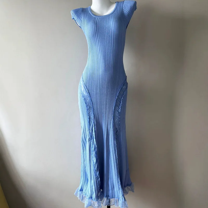 Abito Estivo da Donna Nuovo Stile alla Moda in Maglia a Maniche Corte con Pizzo, Elegante Vestito Lungo Aderente Femminile per Feste e Uso Quotidiano