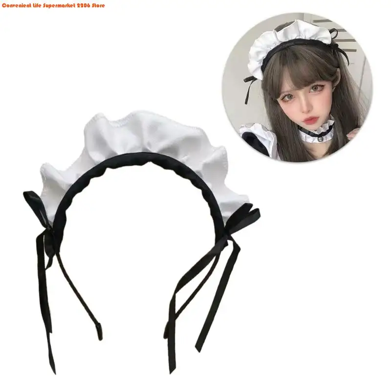 

E06E Ruffle Maid Headband Bowknot Ruffled Hair Hoop Maid Hairband Maid Cosplay Costume Accessory For Women Halloween Cosplay