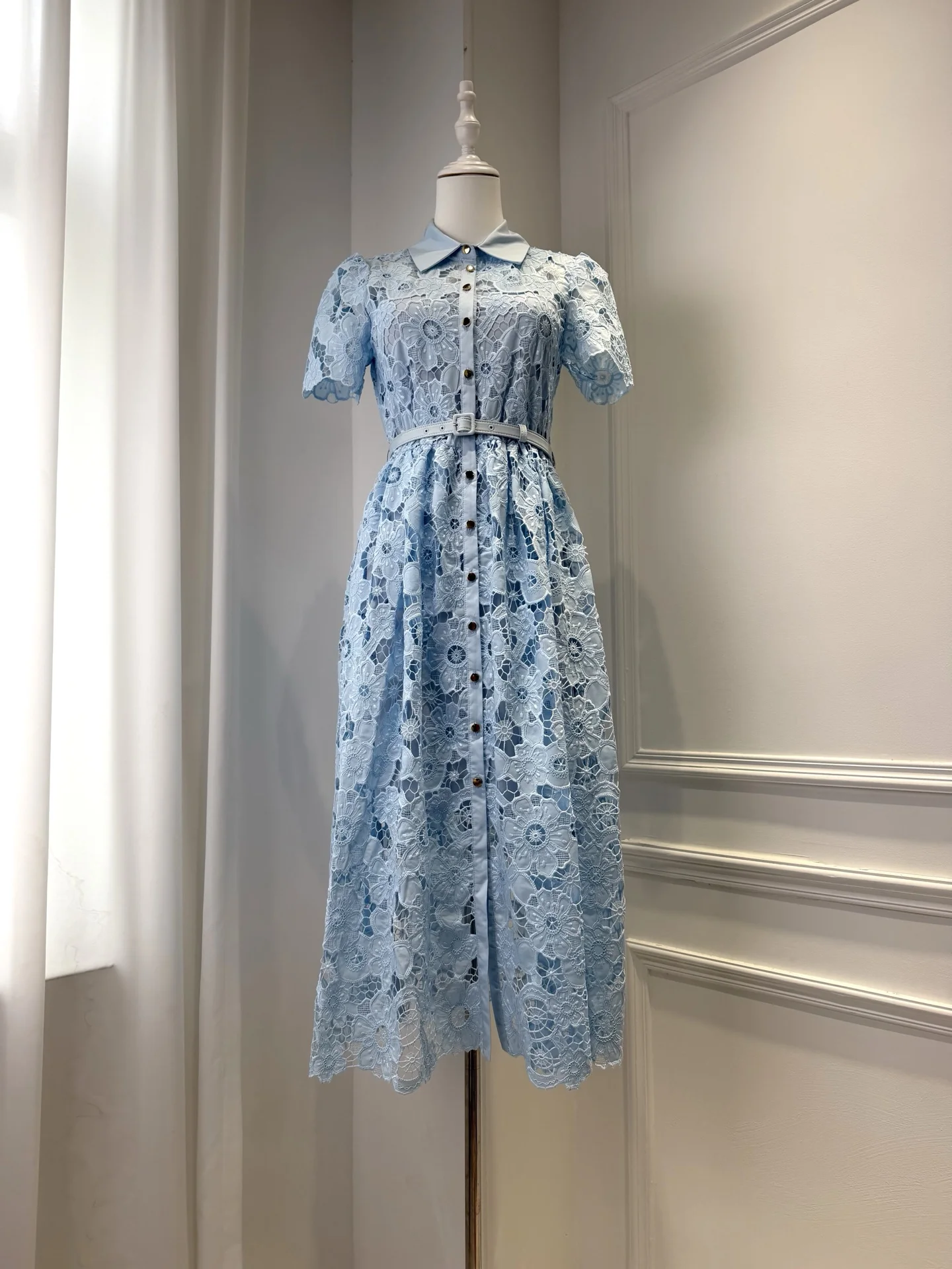 Summer 2026 Lace Embroidery Women Blue Midi Robe Turn-down Collar Short Sleeve Single Breasted Fashion Ladies Dress with Belt