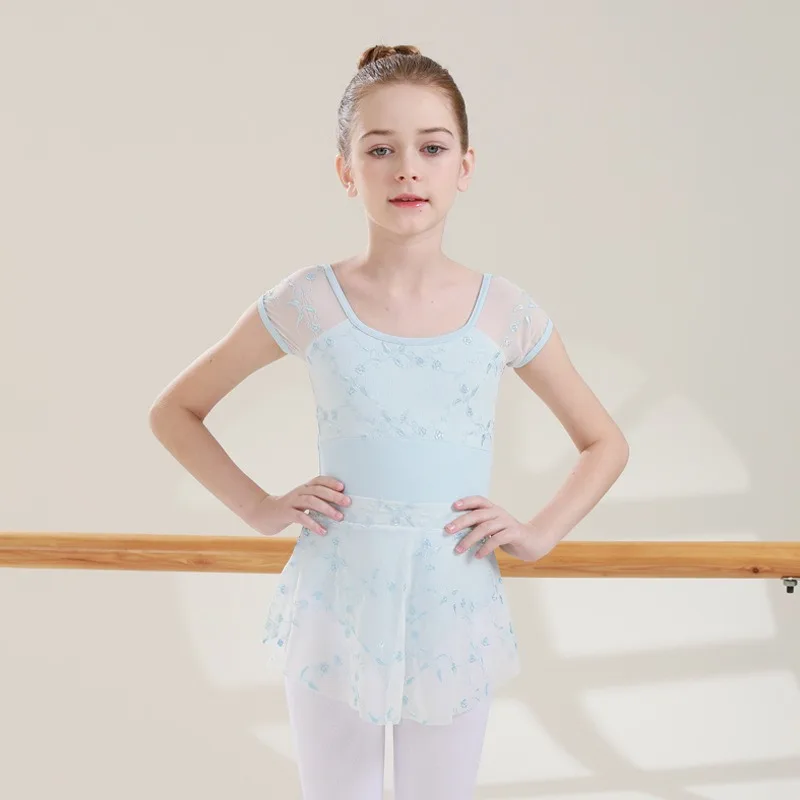 Ballet Dance Outfit 2Pcs Embroidered Short Sleeve Leotard with Skirt Spring Summer Breathable Material For Daily Class Practice