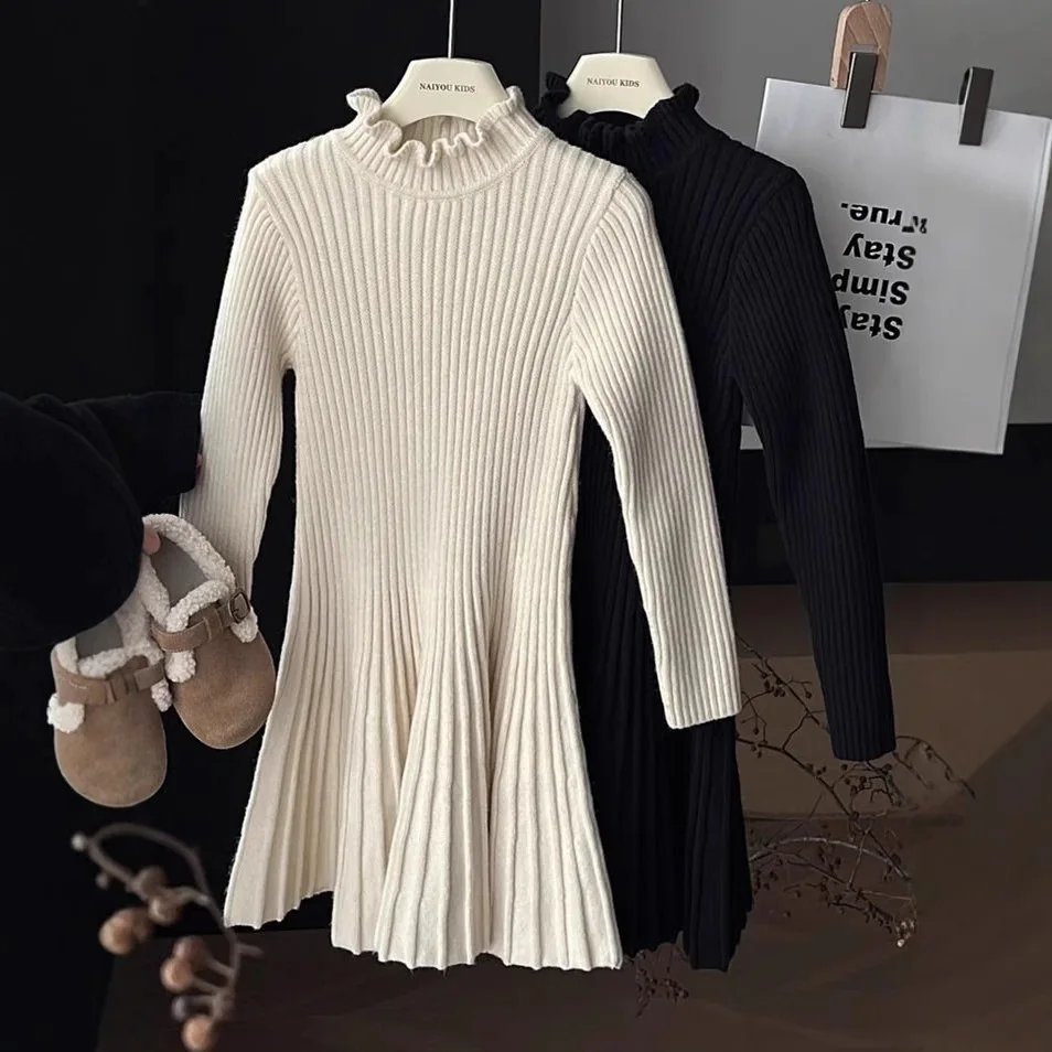 YBFSKID Spring 2026 Kids Girls Long Sleeve Dress Ruffle Collar Ribbed Children Girls Dress Knit Mid-length Girls Princess Dress