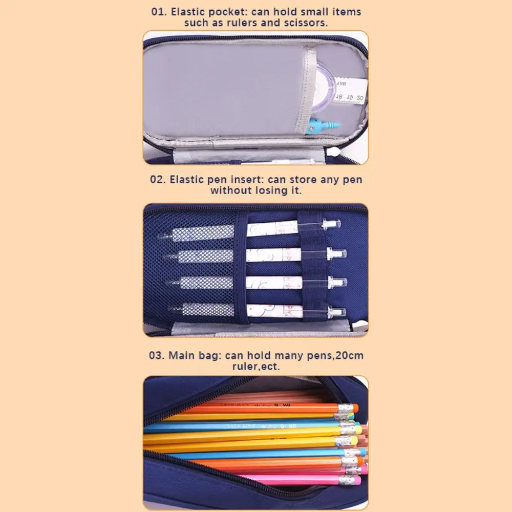 Bolsa de caneta estilo britânico de desenho animado, três camadas, multifuncional, estojo de lápis, grande capacidade, bolsa de papelaria, presente