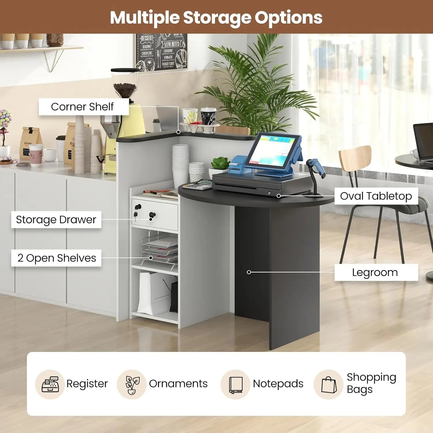 [Helong Store]Reception Desk, 48’’ Retail Counter w/Lockable Drawer & Storage Shelf, L-Shaped Reception Table, Wooden Computer D