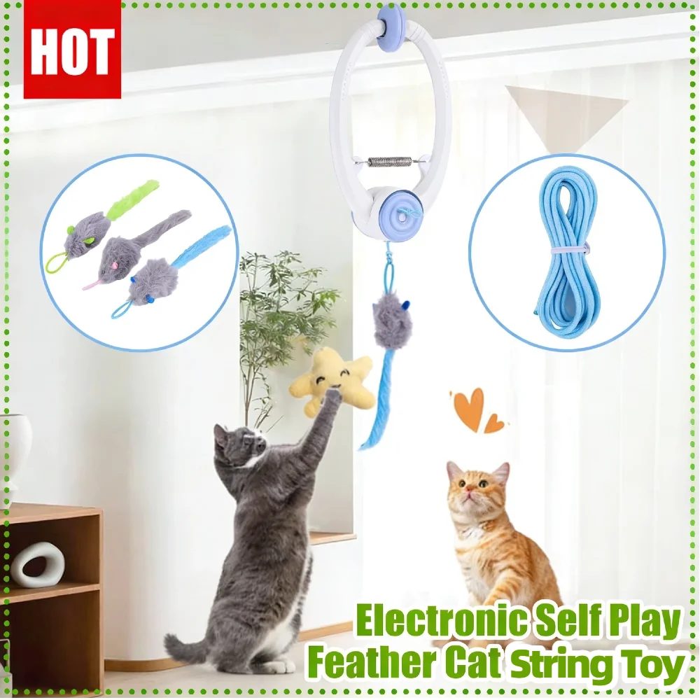 Automatic Retractable Door Hanging Cat Toy with 3 Catnip Mice DIY Parts 3 Modes USB Rechargeable Adjustable Rope Length for Kitt