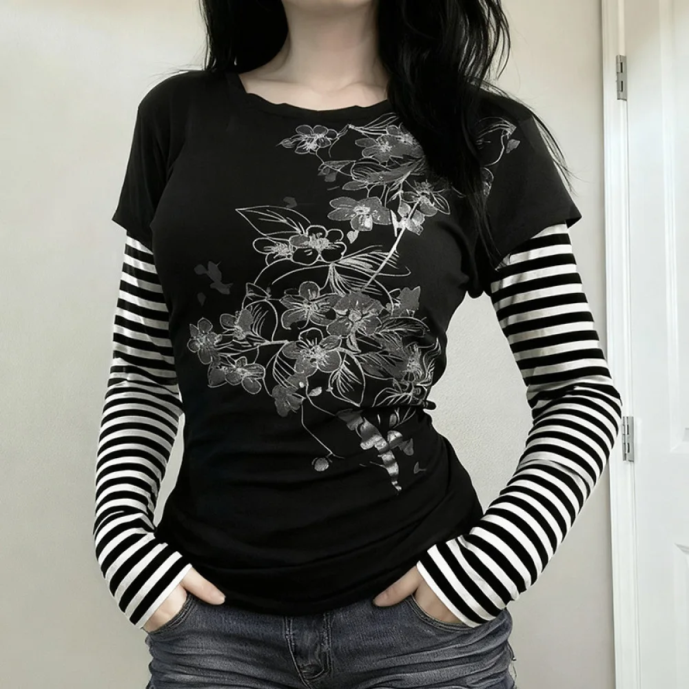 Y2K Grunge Women Fake Two Piece Long Sleeve Top Black Floral Print Tee Black White Striped Sleeve Alt Harajuku Streetwear Shirt