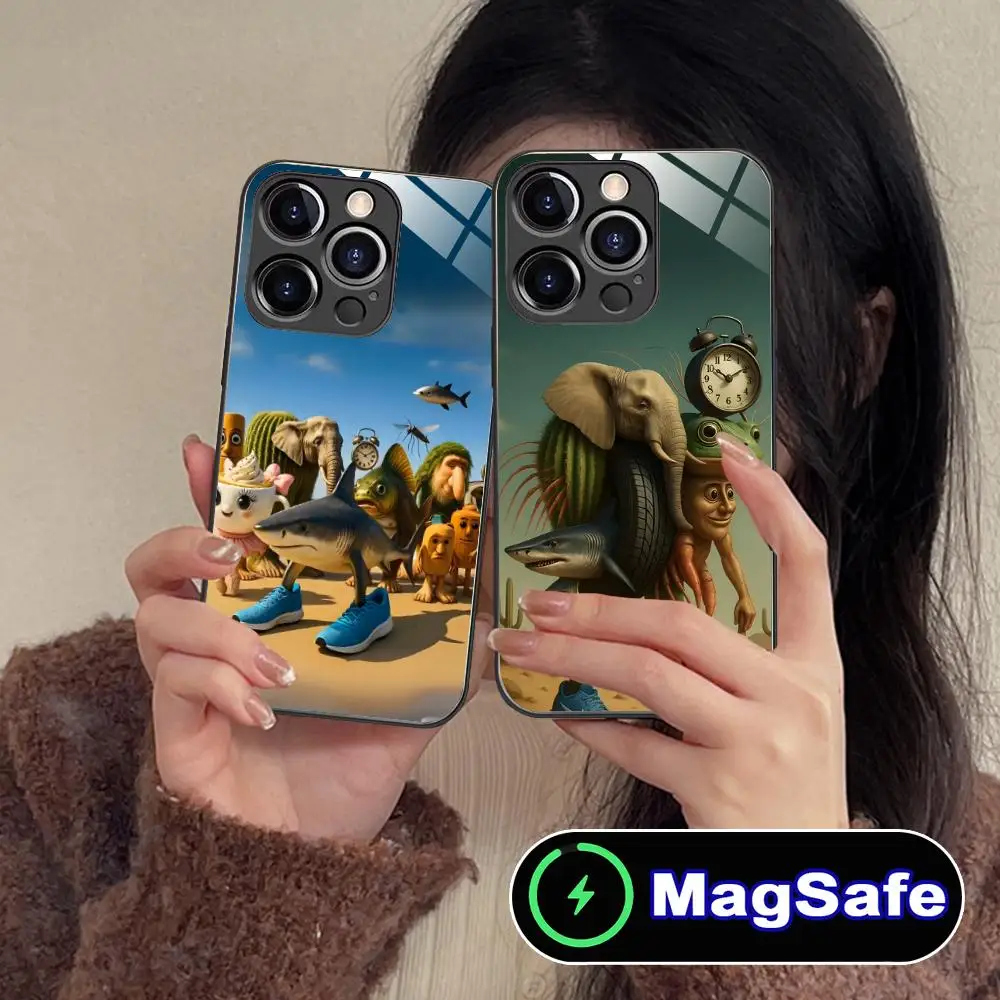 

Чехол для телефона с итальянским дизайном Animals Brainrot для iPhone 17 16 15 14 13 12 11 Air Pro Max Plus Mini, стеклянный, цветной, с MagSafe