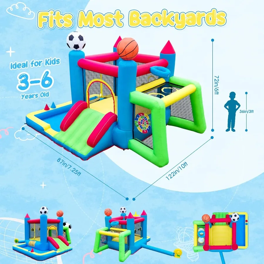 บ้านลมเป่าลม 7-in-1 สำหรับเด็กอายุ 3-6 ปี – ปราสาทลมธีมกีฬาพร้อมสไลเดอร์ บ่อบอล ห่วงบาสเก็ตบอล และห่วงโยนลูกบอล