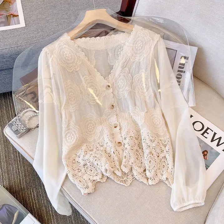 Women Korean Lace Flare Long Sleeve Blouse V-Neck Button Down Cropped Cardigan Hollow Crochet Floral Thin Shirts 2024 New N872