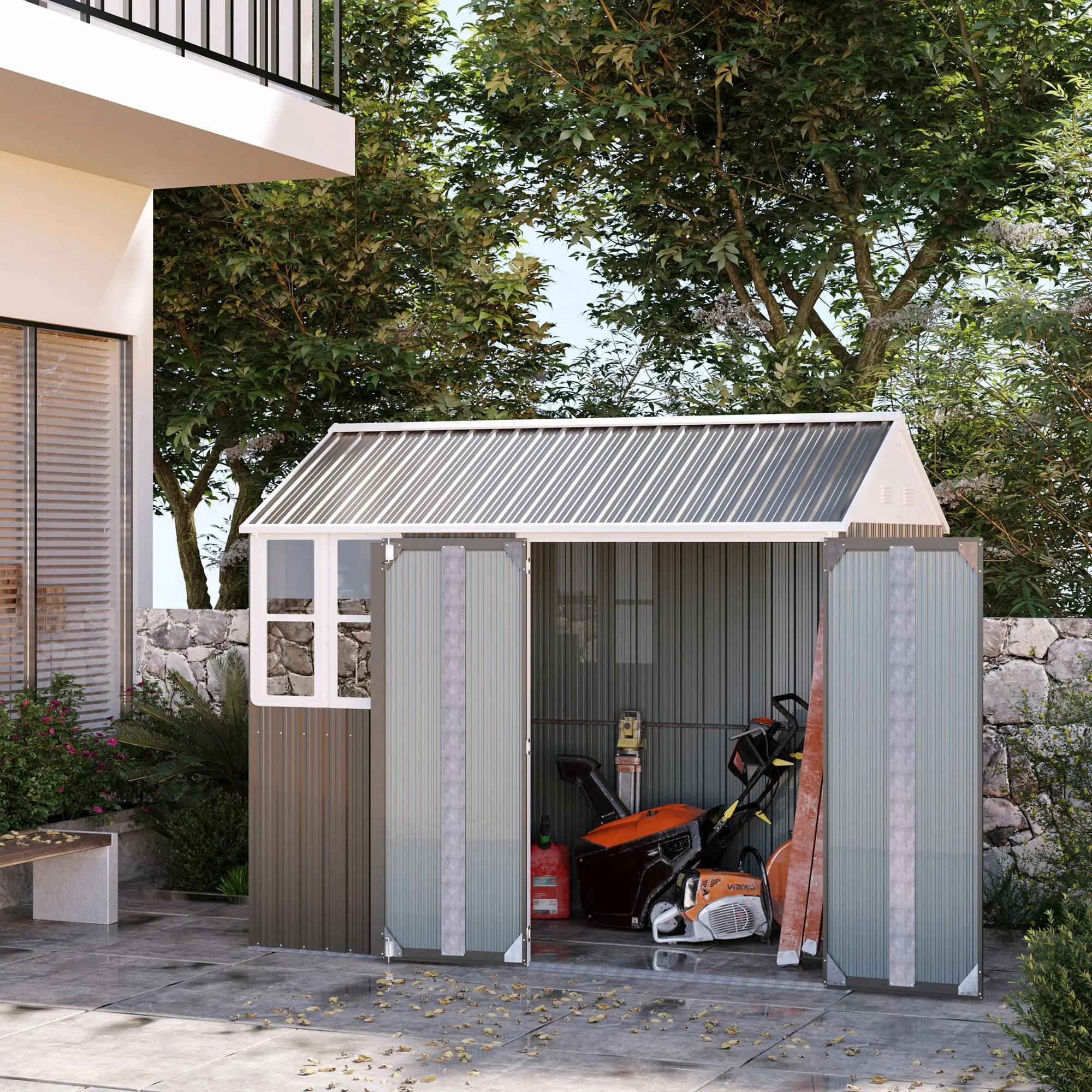 8' X 6' Outdoor Metal Garden Storage Shed W/ 2 Doors, Window, Sloped Roof Gray