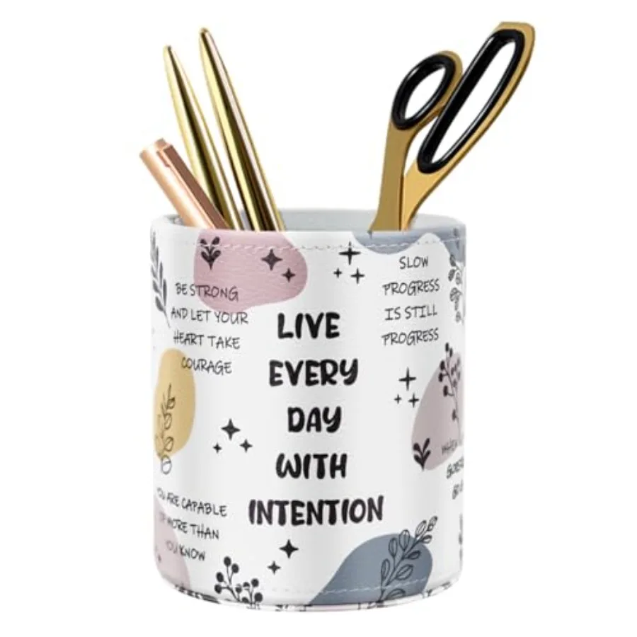 Pen Holder Cute, Pencil Cup, Makeup Brush Holder, Multi-Functional Round Leather Pen Supply Organizer for Teens Adults, Pattern