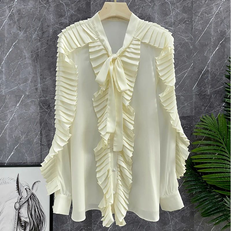 

Шелковая блузка с тяжелой вышивкой, бантом, квадратным воротником и кружевом, женская, премиум-качество, с длинными рукавами, прямого кроя