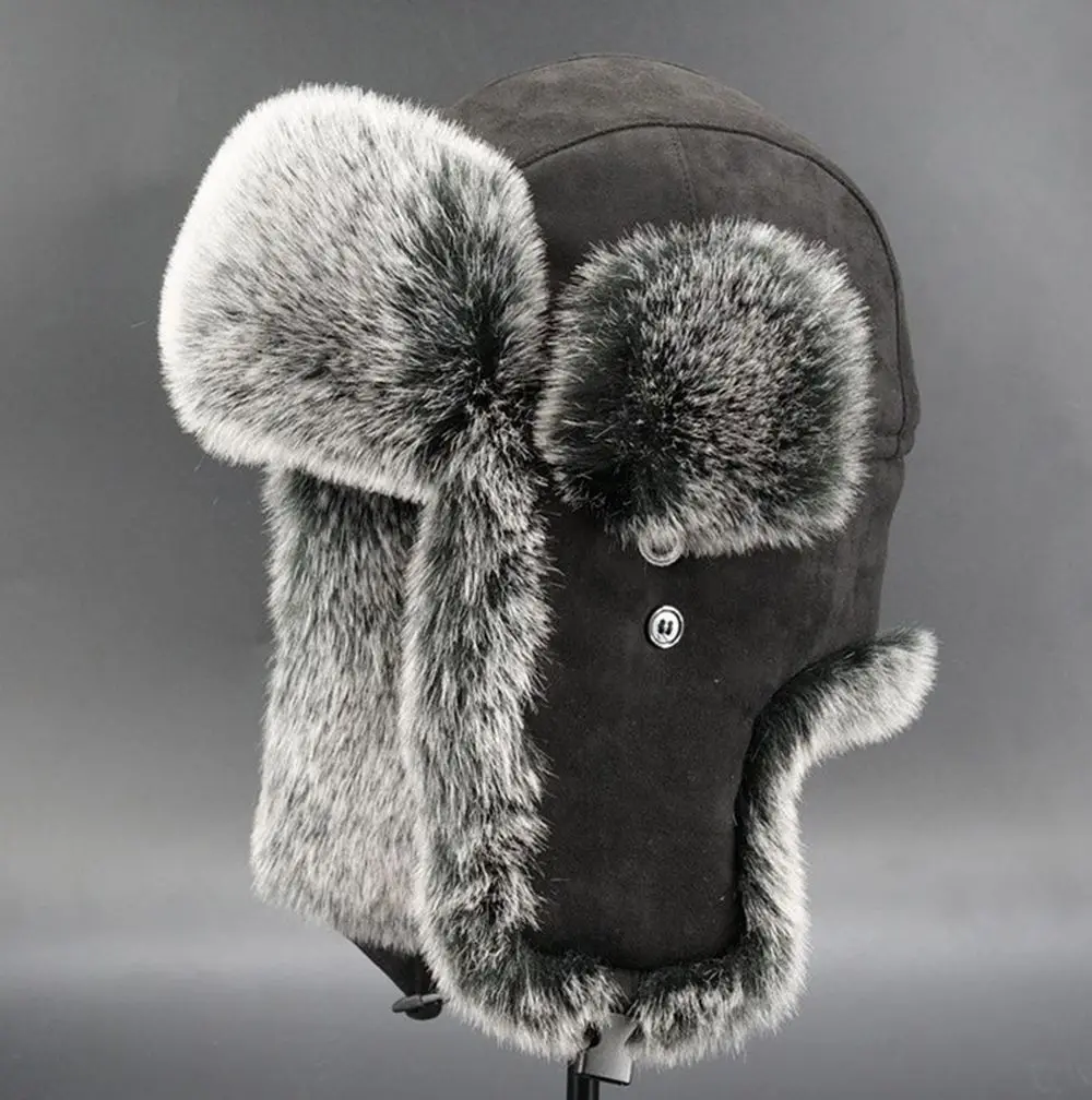 Suede Leather Russian Cossack Ski Cap Earflap Bonnet Faux Fur Earflap Hat Trapper Hat