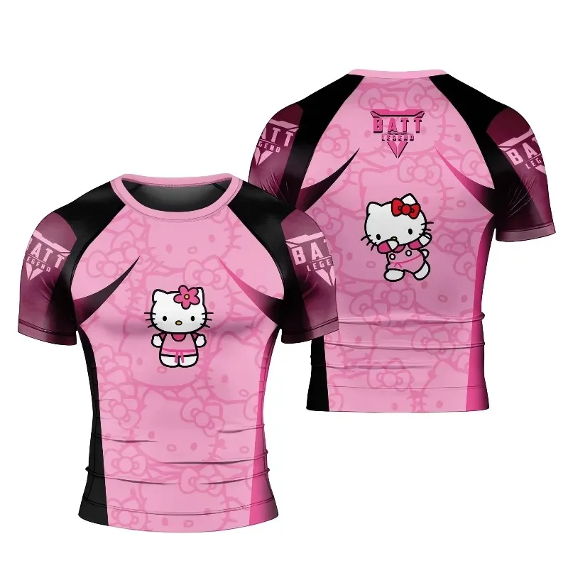 Hello Kitty Pink Black Compression Shirt Men Women Short Sleeve Rash Guard Quick Dry Athletic Gym T-Shirt