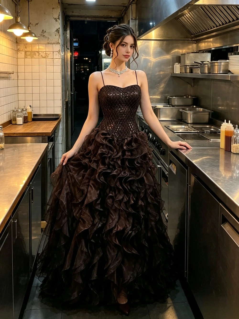 Customized Brown Sequined Slim Shoulder Mermaid Dress Pleated Skirt Luxurious Ruffled Pleated Evening Gown Suitable for Parties