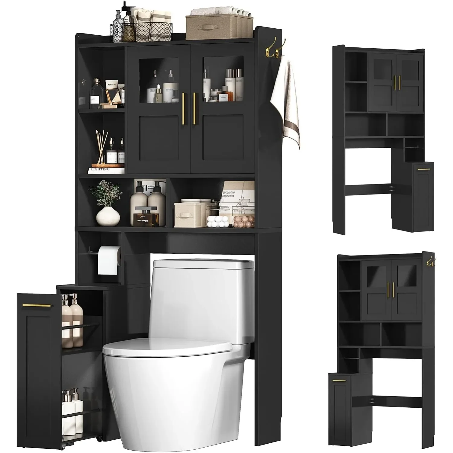 Over The Toilet Storage Cabinet with Pulley & Acrylic Doors, Black