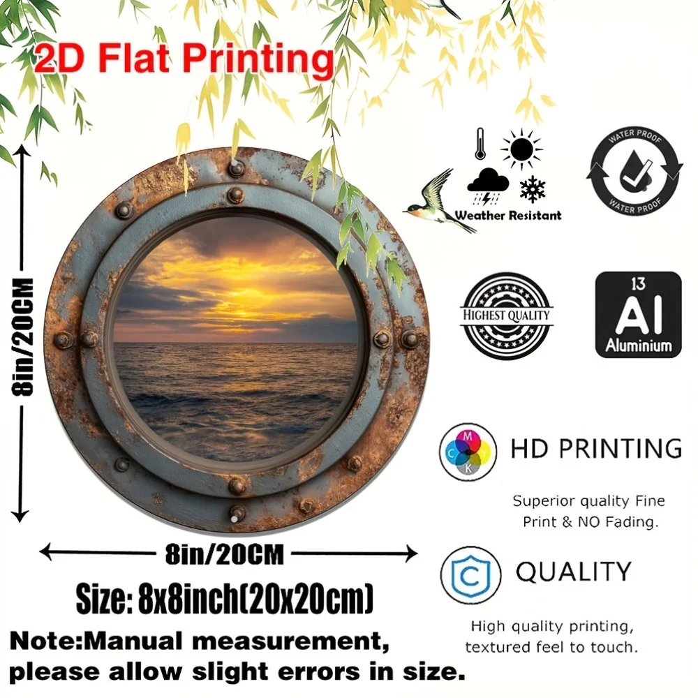 2D Flat - A 2D Flat, 1pc, Metal Round Sign in Bohemian Style, Featuring a Sea View Outside, Suitable for Decorating Walls in Cou