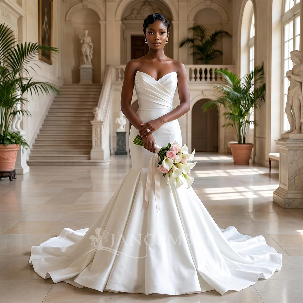 

Customized White Simple Elegant Wedding Dress New Charming Tube Top Frill Backless Fishtail Banquet Gown vestidos de novia