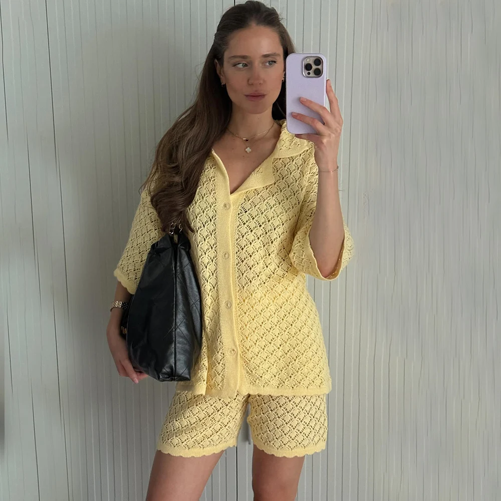 

Tuularose Summer Knit Shorts Set New Knit Cardigan Top Casual Shorts Set Beach Vacation Bikini Cover Up Women Shorts Set Outfits