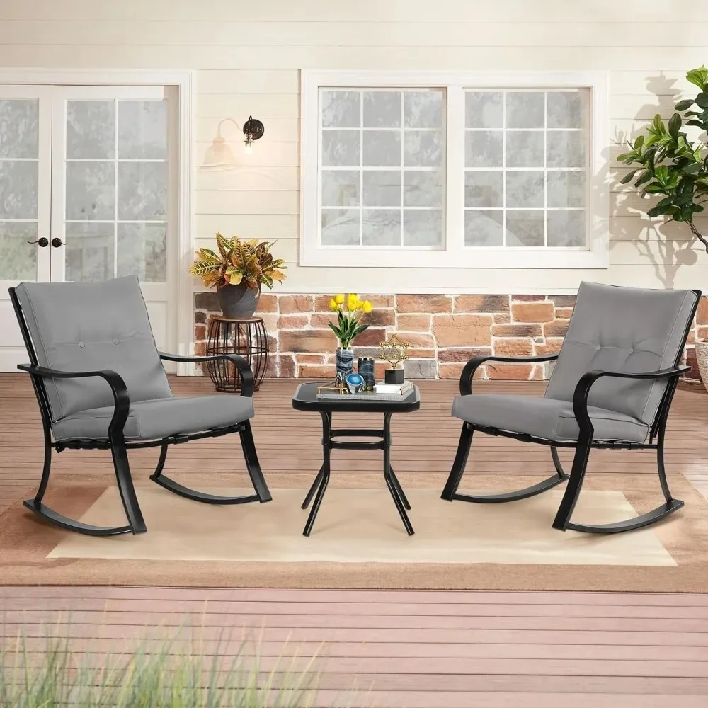 3-Piece Outdoor Rocking Chairs Bistro Set, Black Iron Patio Furniture with Gray Thickened Cushion & Glass-Top Coffee