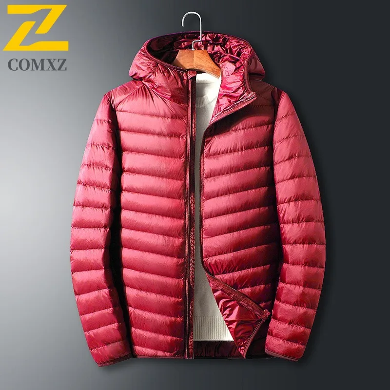 COMXZ Men's Down Jacket Short Trendy Lightweight Casual Skiing Puffer Jacket Street Versatile Solid Color Hooded Winter Jacket