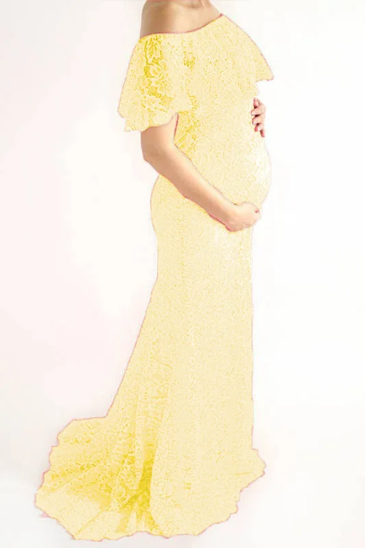 European and American Women's Lace Maternity Trailing Short Sleeve Maxi Dress for Photography Flutter Sleeve Dress Pregnancy
