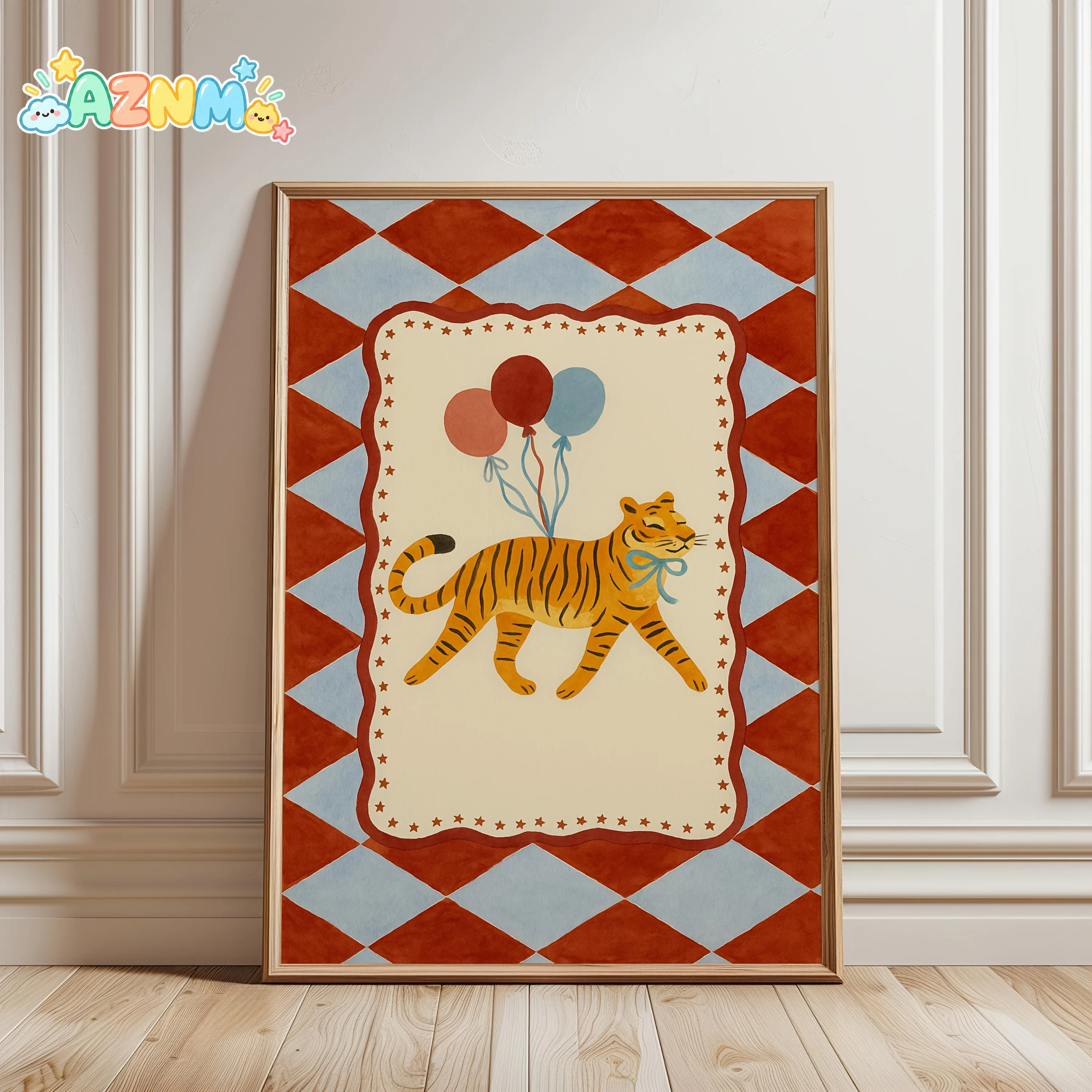 2D Flat, 2D Flat, A Frameless Canvas Poster Featuring Modern Art, a Tiger Balloon, And a Circus Style Print, Perfect for Wall