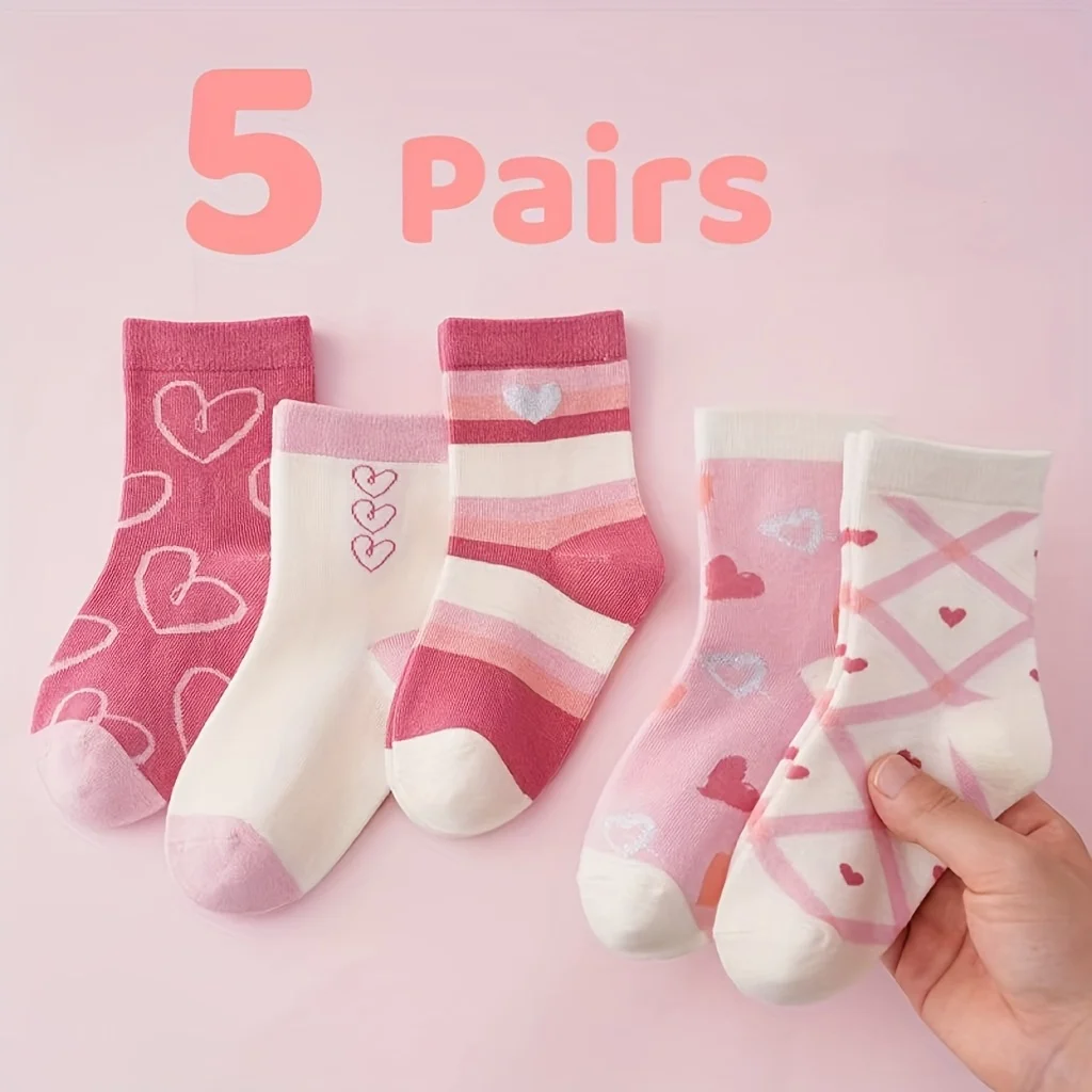 

5 Pairs Children's Crew Socks, Cute Cartoon Heart Design, Knitted Fabric, Pink and White Color, All Seasons, Unisex for Ages 0-1