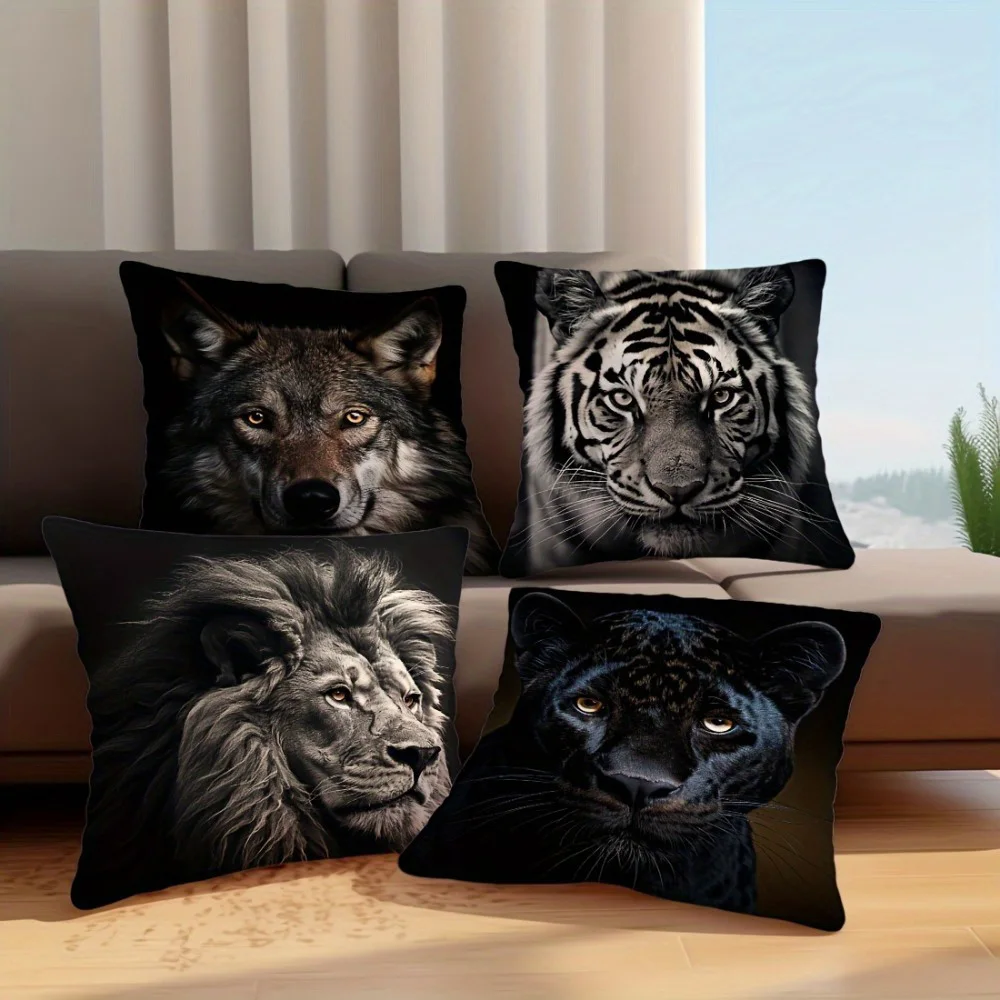 Four Animal Head Pillowcases: Lion, Tiger, Black Panther, and Wolf Sofa cushion cover home room decoration 2D flat printing