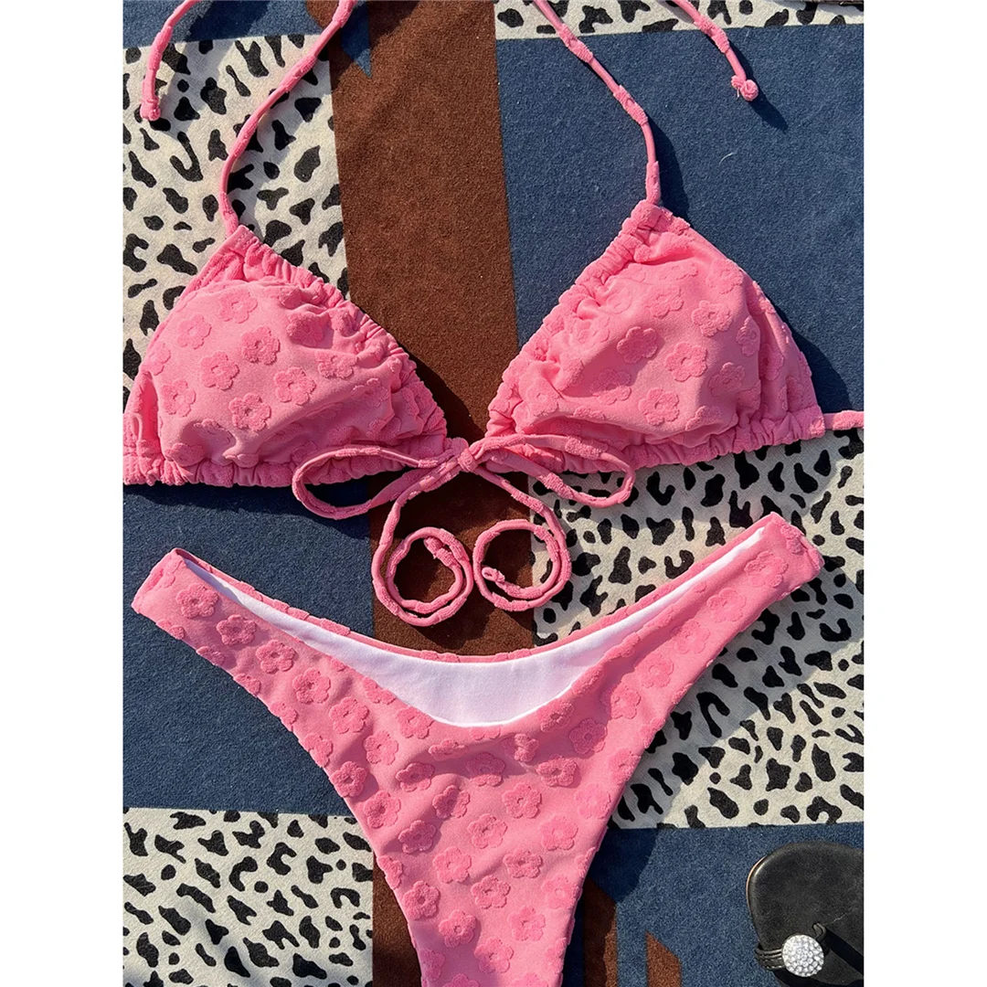 Rosa, verführerischer Bikini mit Neckholder-Ausschnitt, brasilianischer Schnitt, mittelhoher Bund, zweiteiliges Badeanzug-Set für Damen, Badebekleidung, Badeanzug, Modell V4560. – Detail 20