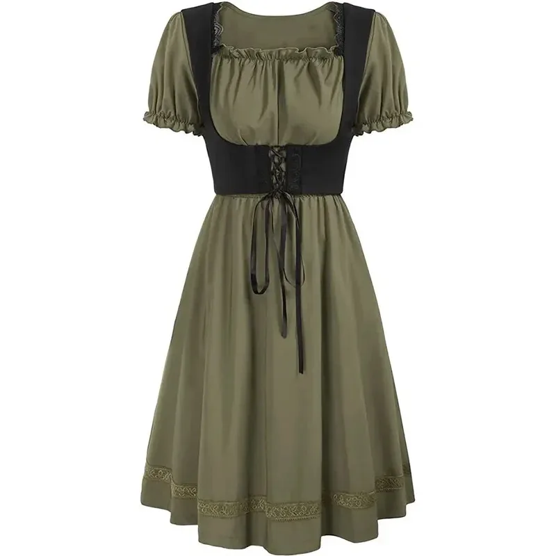 

COSda@ Medieval Vintage Lace-Up Dress for Women, Puff Sleeves, Square Collar, Night of Documents, Short Sleeve Costumes
