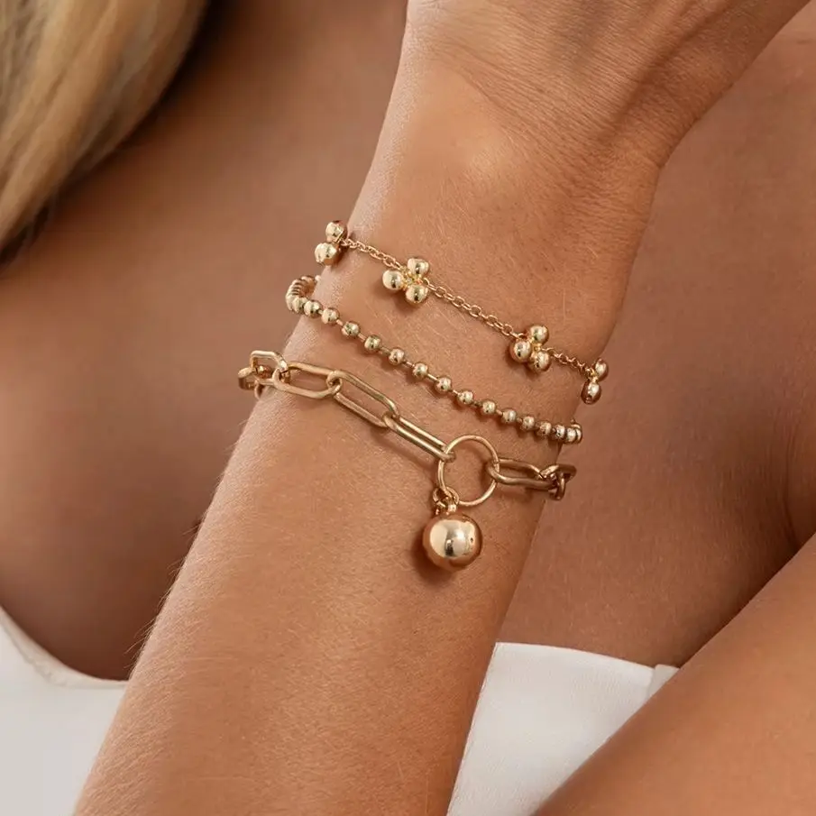 SHIXIN 3Pcs/set Hip Hop  Metal Thin Beads Charm Round Bead Thin Chain Bracelet for Women Trendy Street Wrist Bangle Jewelry Gift
