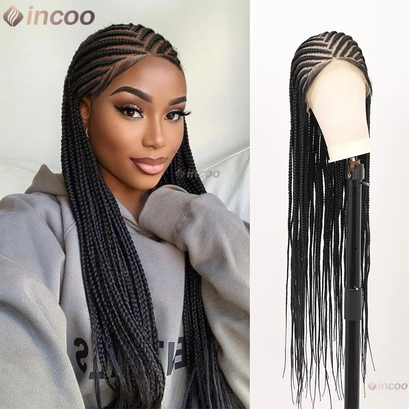 

36" Synthetic Braided Wigs For Black Women Full Lace Front Wig Jumbo Knotless Box Braid Lace Wigs Cornrow Braid African Hair Wig