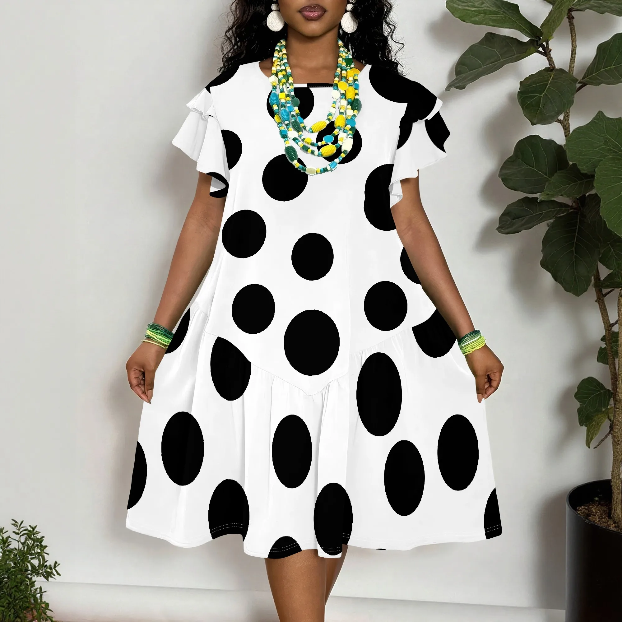 

Polka Dot, Short Sleeve Dress, White Base with Black Circles, Printed Pattern, Casual Summer Wear for Women, XL-6XL