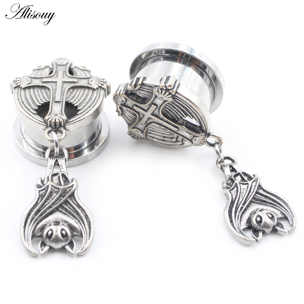Alisouy 1PC Stainless Steel Cross Bat Pendant Threaded Ear Gauges Tunnel Plug Expander Stretcher Earrings Piercing Body Jewelry