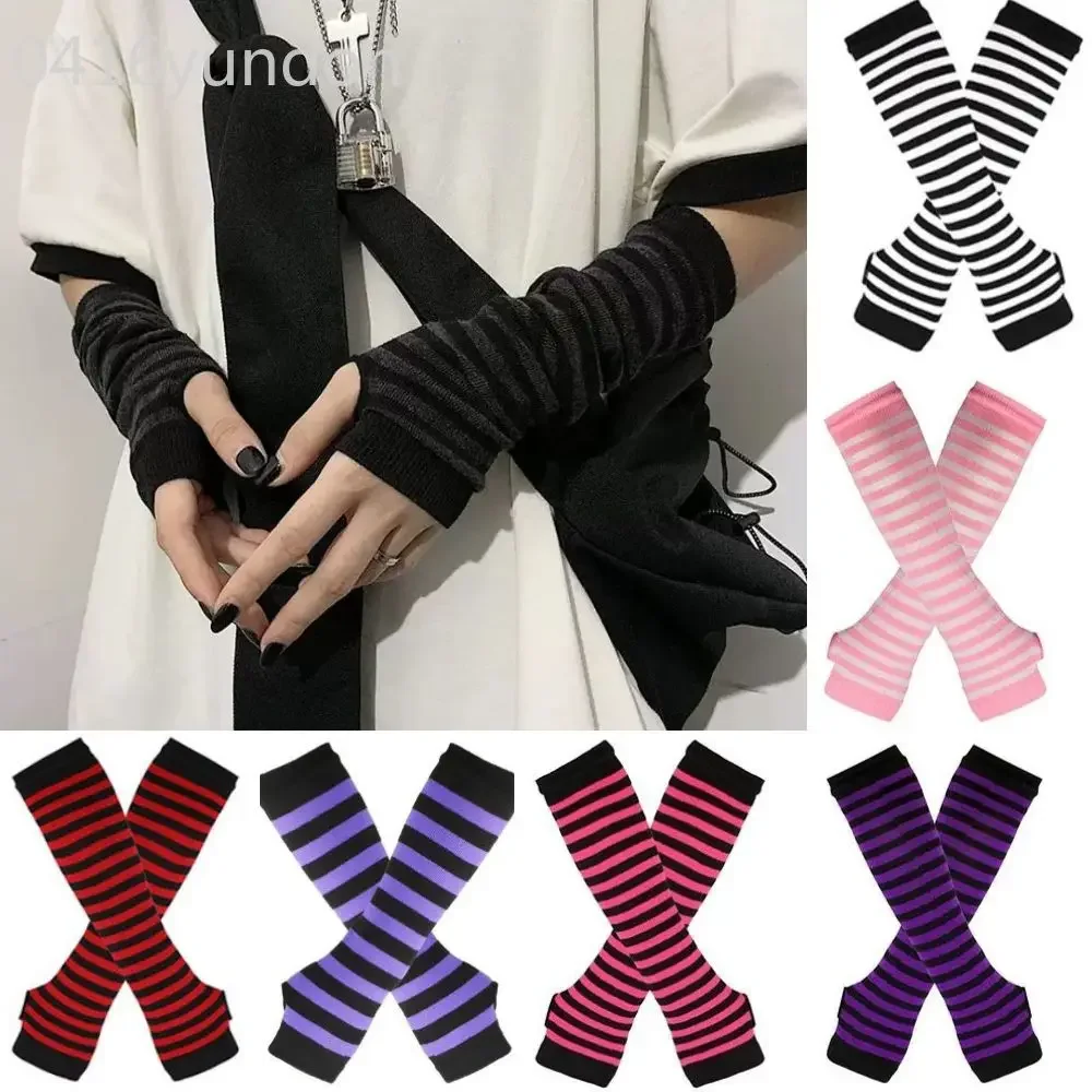 Hot Sale Striped Unisex Half Finger Gloves Long Women Girls Arm Sleeve Gloves Warmer Knitted Wristband Elbow Mittens Warm Cuff