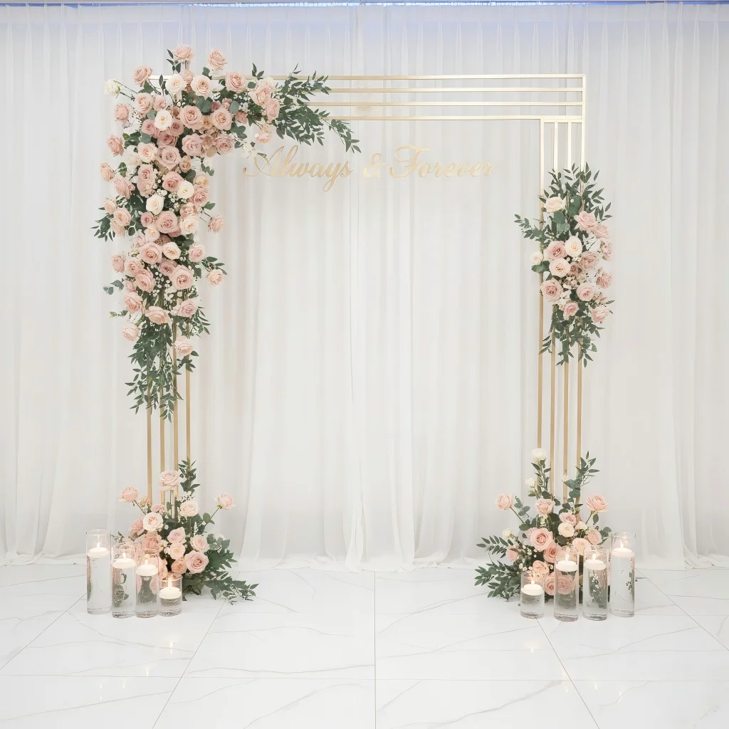 Minimalistischer Goldener Blumen-Metall-Quadrat-Hochzeitsbogen, Künstlicher Blumen-Hintergrundständer, Elegante Moderne Zeremonie-Party-Dekoration – Detail 1
