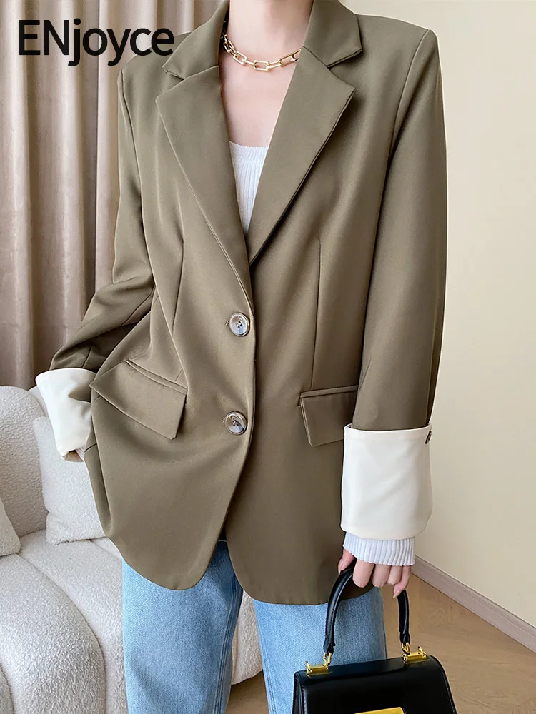 

ENjoyce 2023 Autumn Women Vintage Green Korean Curled Cuffs Blazer Long Sleeve Suit Ladies Workwear Jacket Outerwear Coats