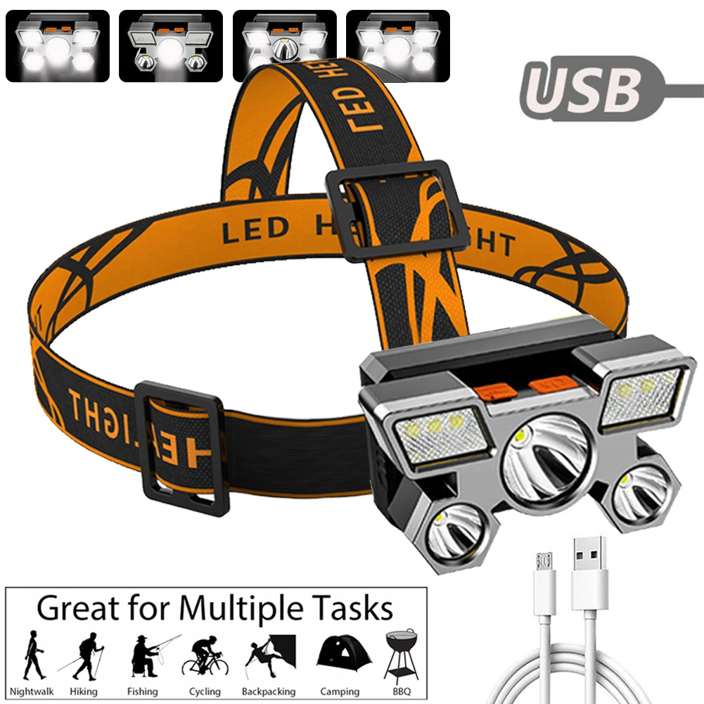 Drop Shipping 5LED with Built-in 18650 Battery USB Rechargeable Portable Flashlight Lantern Outdoor Camping Headlamp