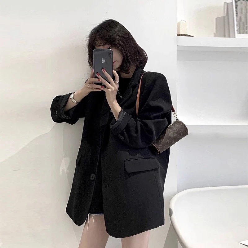 Black Blazers Women Autumn Fashion Temper Loose Suit Coats All-match Korean Style Office Ladies Tender Minimalist Aesthetic 2024