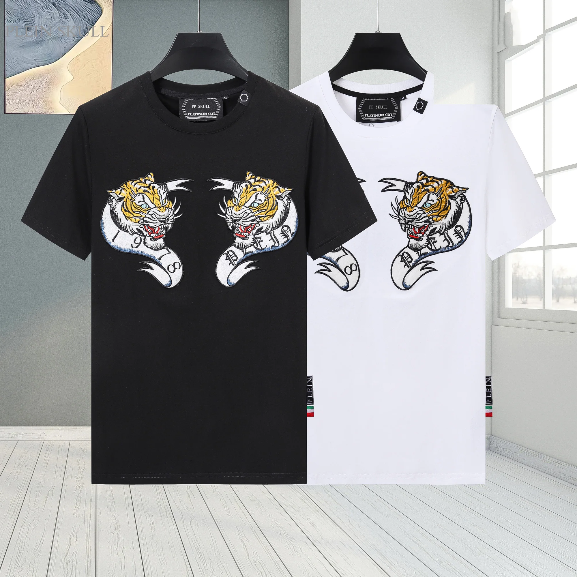 Trendy Men's Short Sleeved Top Retro Summer Punk Embroidery Tiger Head High Street Cotton T-shirt Unisex Breathable Sports Shirt