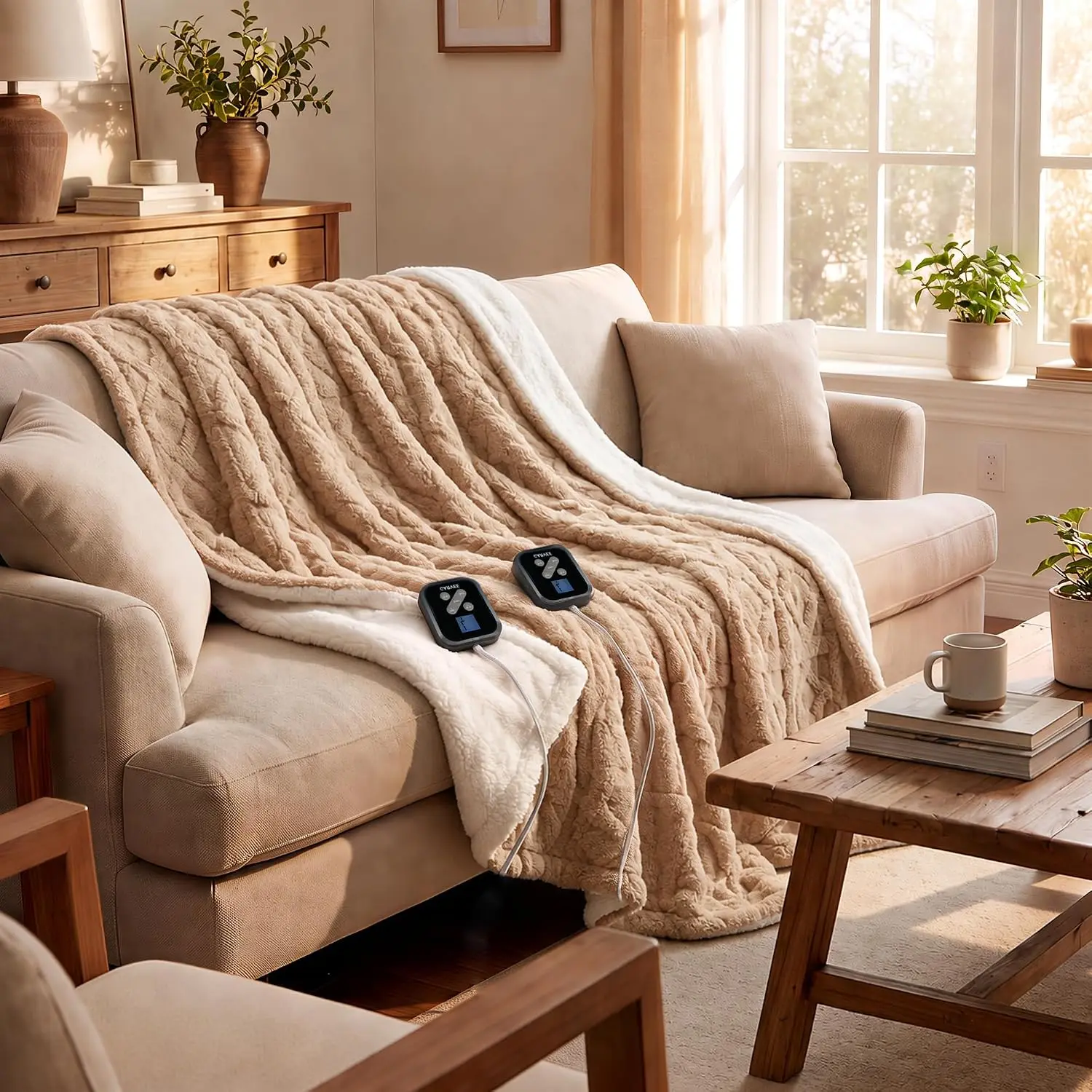 Khaki Beige Heated Blanket, Cable Knit Electric Blanket for Bed and Couch, One-Touch Preheat, Milk Velvet Jacquard Soft Warm Throw