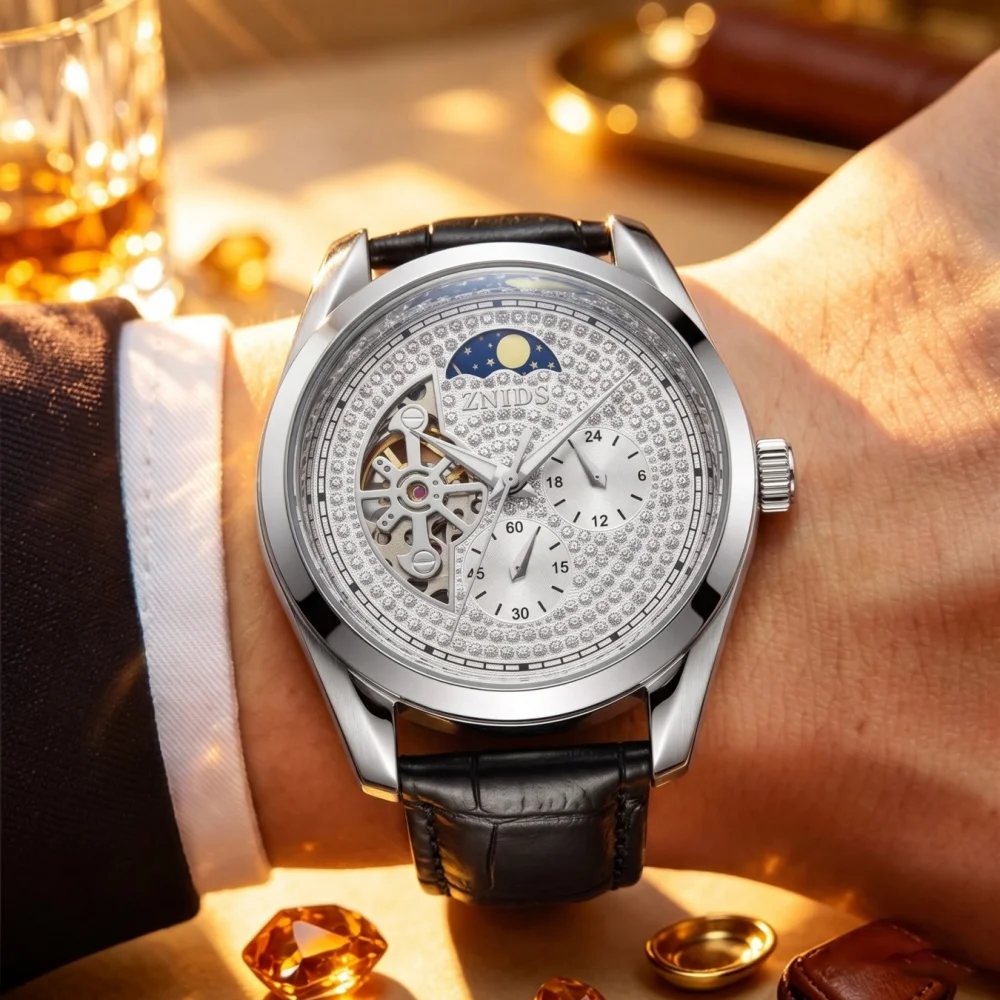 New high-end, stylish automatic mechanical watch for men, hollow-out design, waterproof, leather strap, light luxury, fashionable, suitable for business and casual wear, versatile, handsome, trendy men's watch, the first choice for gifts, branded watch
