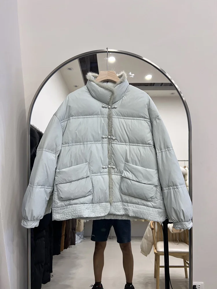 New Chinese style stand up collar buckle mink fur white duck down jacket winter new women elegant solid color down coat
