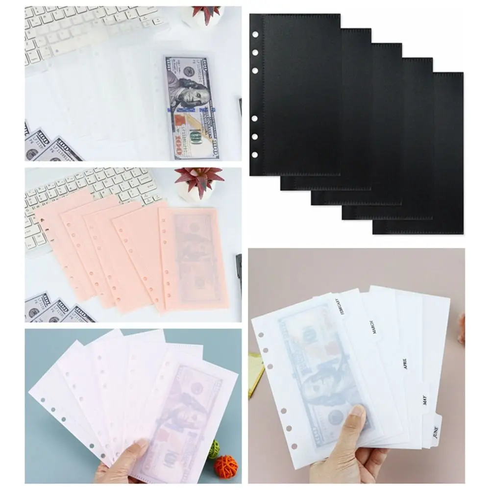 5Pcs A6 Pink Transparen Black Binder Pockets Binder Folders for Notebook Divider Page Waterproof PVC Leaf Document Filing Bag